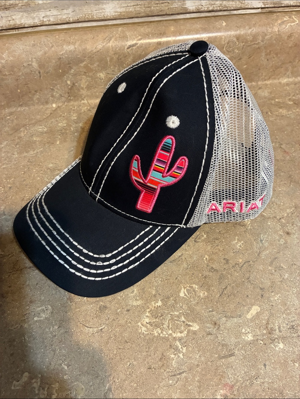 Ariat Black & White Trucker Hat with Colorful Cactus Patch